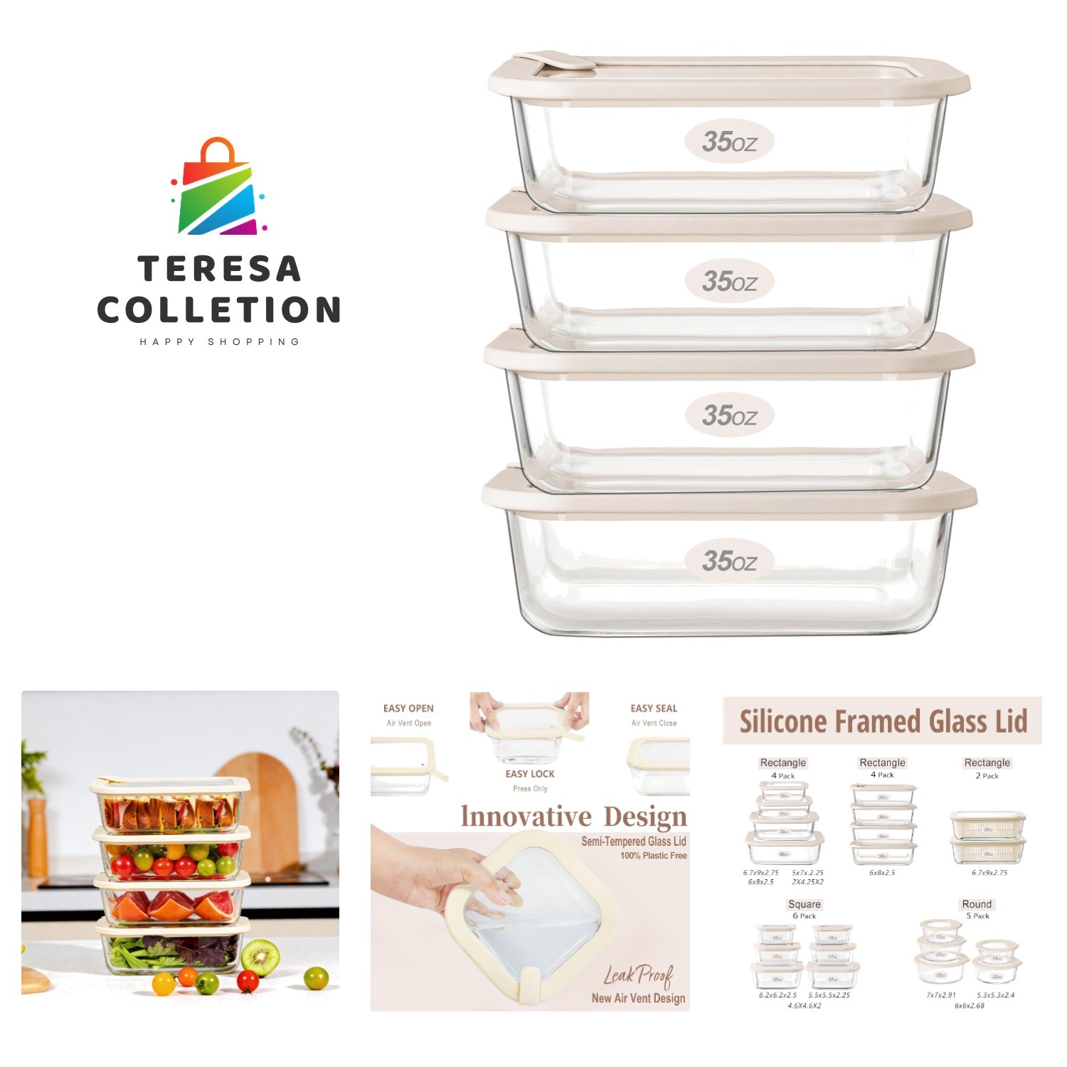 Platinum Ivory White 4-Pack Glass Food Storage with Silicone Airtight Lids