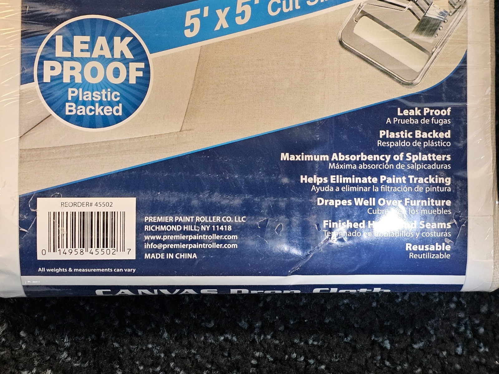 (QTY 12) Premier 45502 5 x 5 ft Butyl Leak Proof Canvas Plastic Drop Cloth