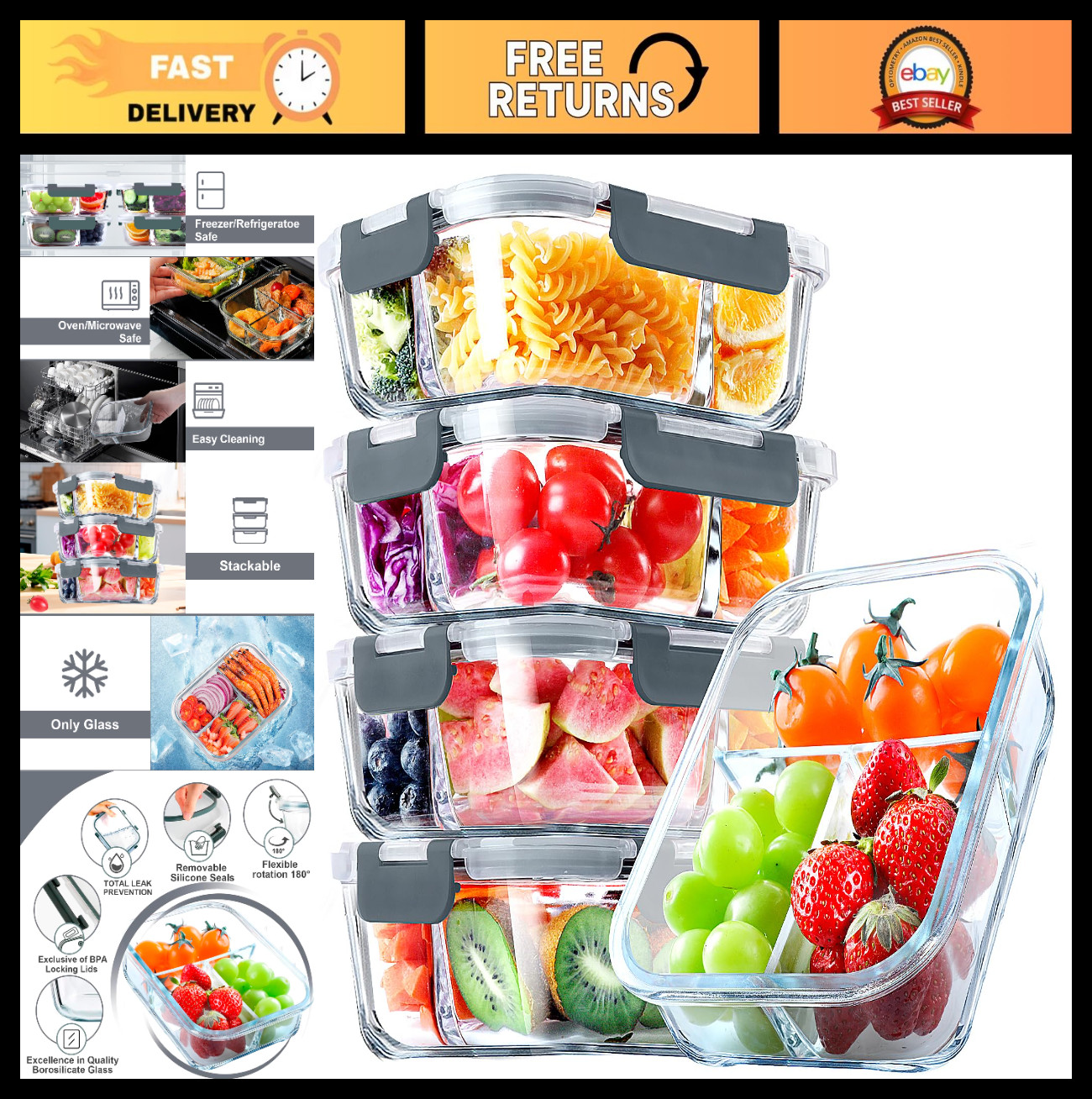 5 Pack Glass Meal Prep Containers – 3 Compartment, 36oz Airtight Food Storage, M