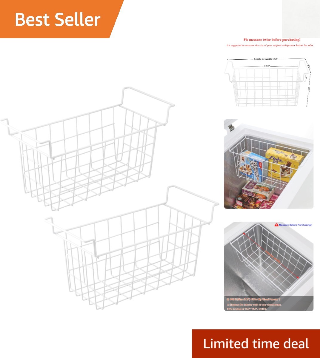 17.5″ Stackable Freezer Organizer Bins – 2 Metal Wire Baskets for Efficiency
