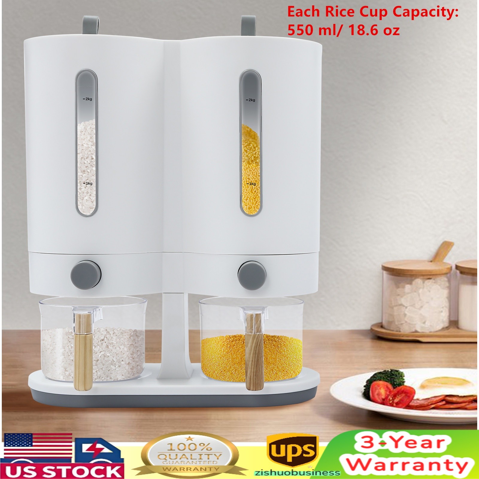 Dual Rice Dispenser Large Capacity Dry Food Dispenser with2 Measuring Cups