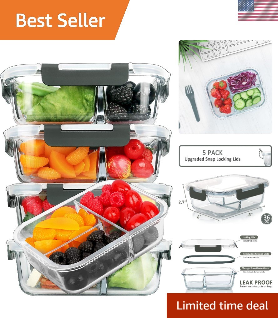 5-Pack 36 oz Borosilicate Glass Meal Prep Containers – Airtight & Microwave Safe