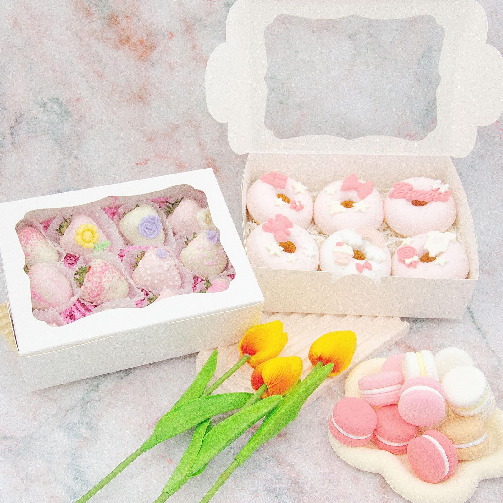 50pcs 8x6x2.5 Inch White Bakery Boxes Cookie Boxes with Window Treat Boxes De…
