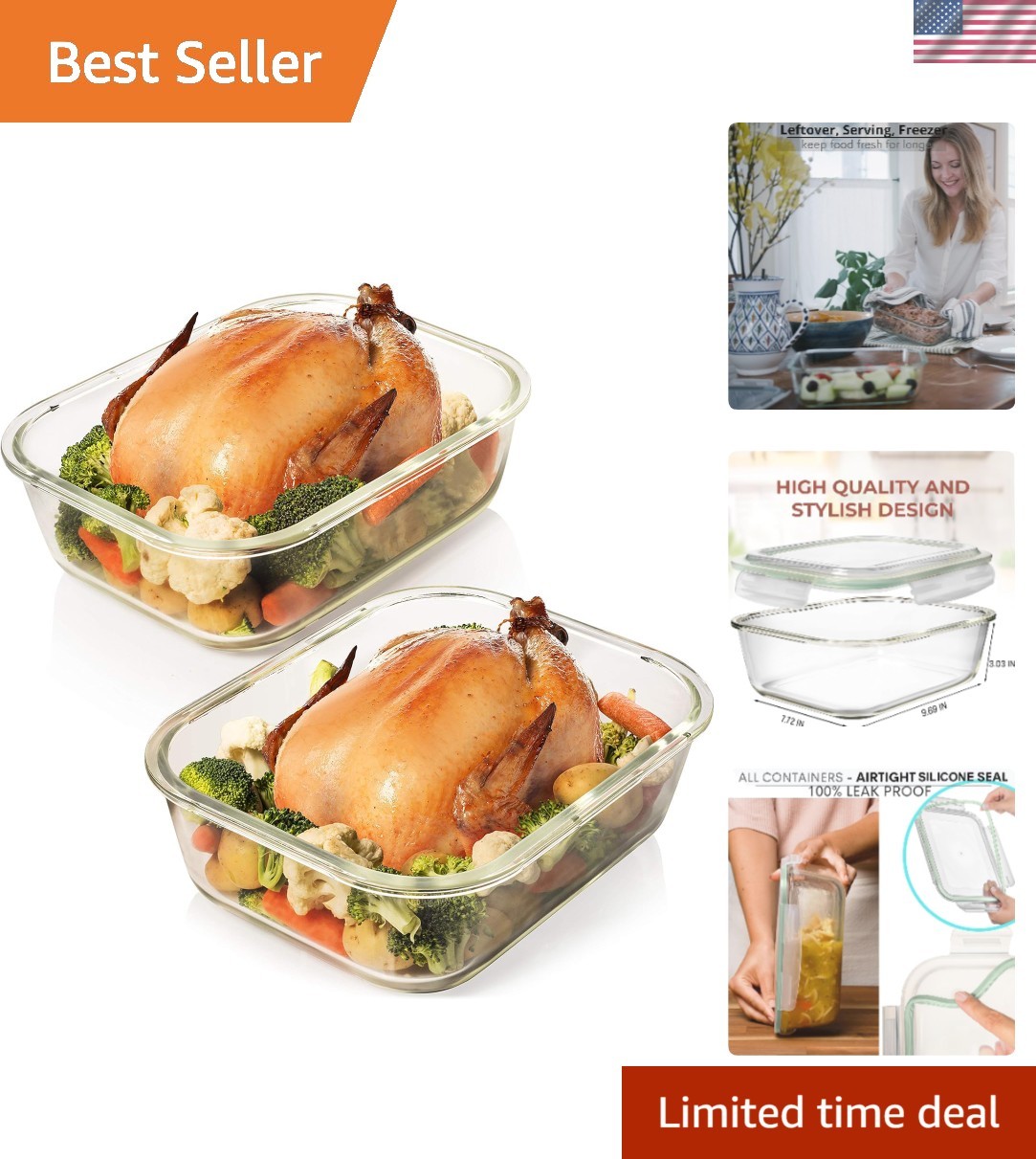 Versatile Leak-Proof Glass Food Storage Containers – 10 Cups, BPA Free 4 Pc Set