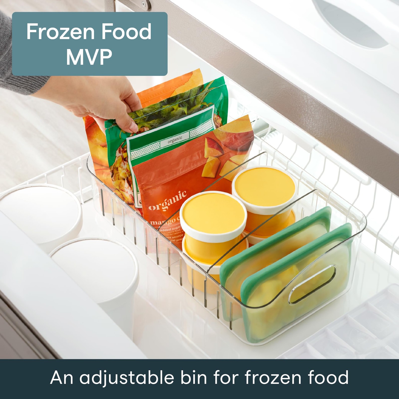 FreezeUp Freezer Bin 15″, BPA-Clear Fridge Organizer with Adjustable Dividers.