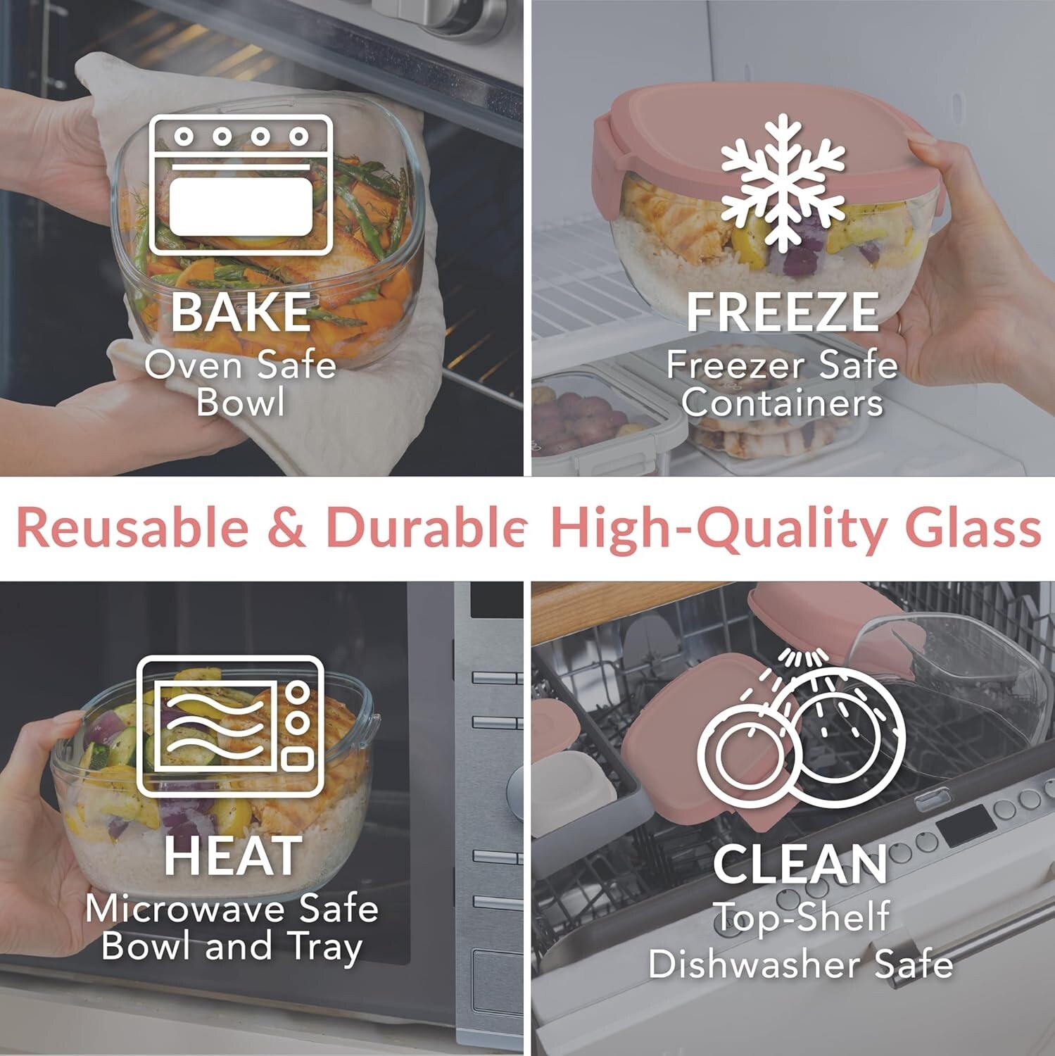 61-oz Glass Salad Bowl with Bento Tray & Leak-Proof Sauce Container – Coral
