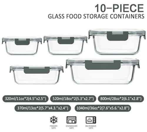 10-Pack Glass Food Storage Containers with Lids, Airtight Meal Prep Bento Boxes,