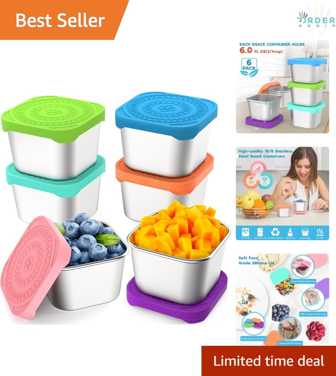 Stainless Steel Snack Containers 6oz Leak Proof Food Storage Travel Office