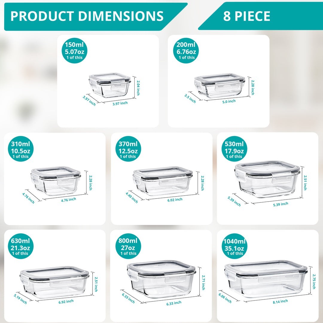 Set of 8 Pack Food Storage Containers Retangle Glass With Lids