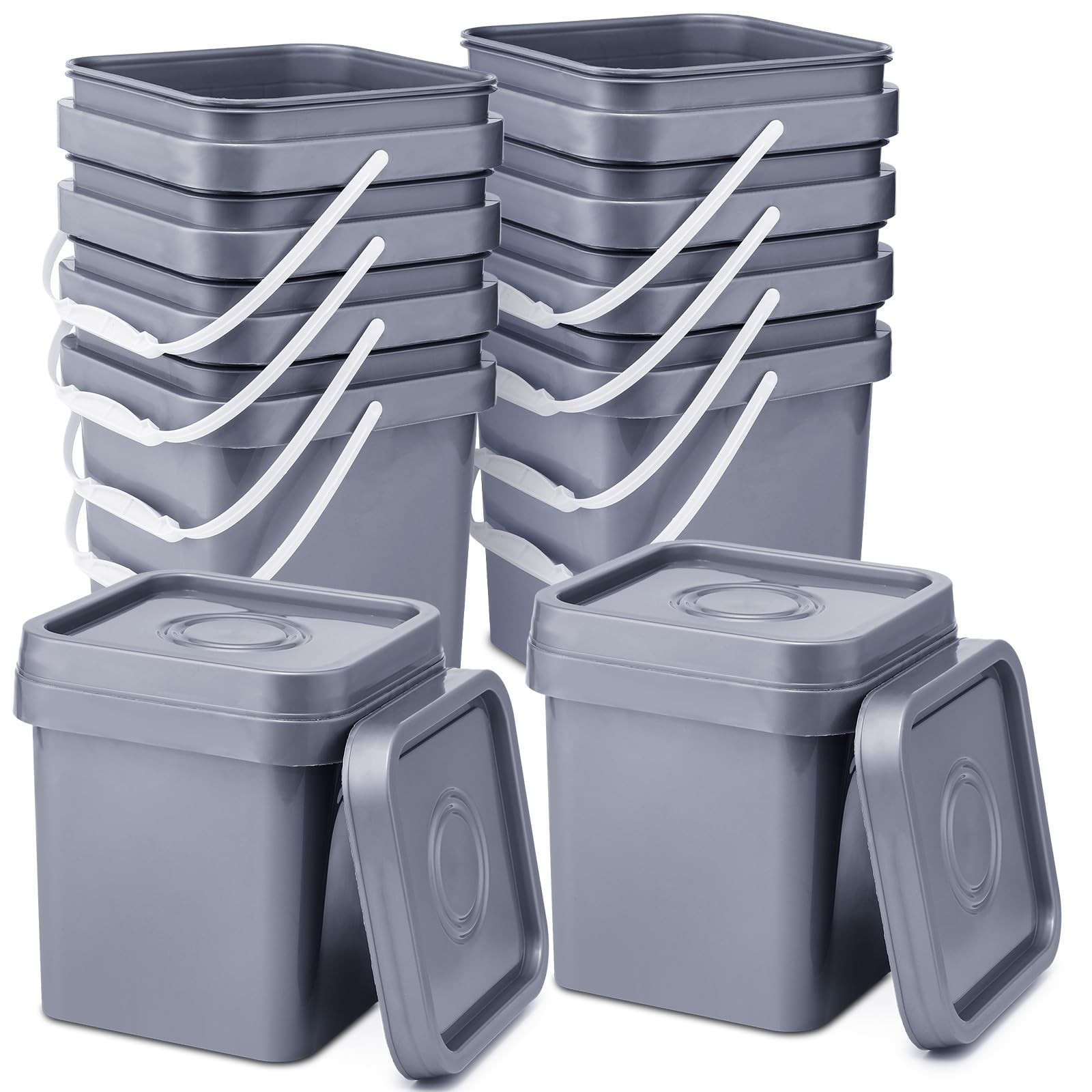 10 Pcs 1 Gallon Food Grade Square Buckets with Lid and Handle – Grey