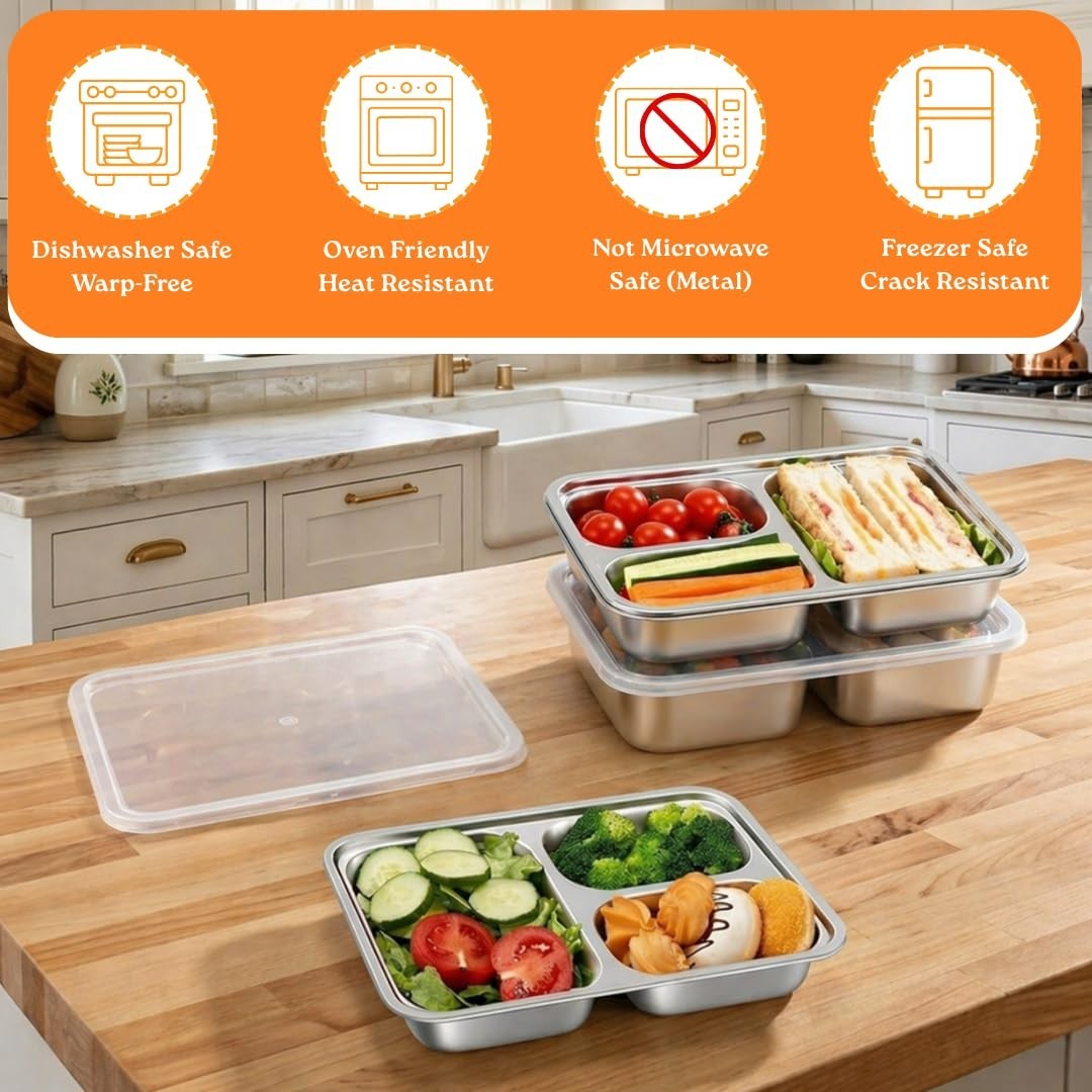 4 Pack Kids Snack Containers, Stainless Steel 3 Compartment Plates with Lids, Be