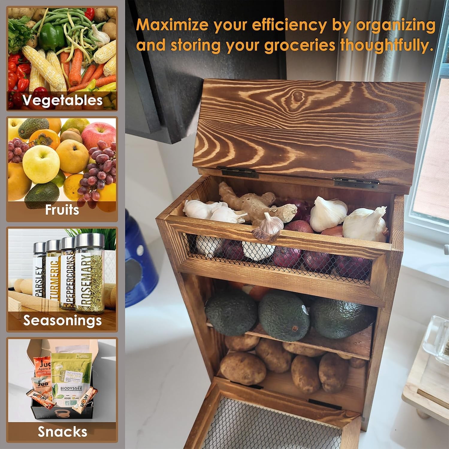 Design Free Assemble Wooden Countertop Potato and Onion Storage Bin Box,Counter