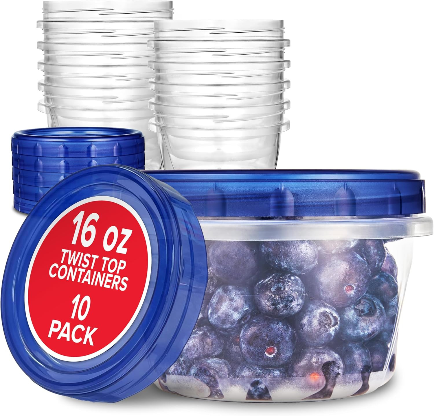 16Oz Plastic Containers with Twist Top Lids (10 Pack), 2 Cup Freezer Containers