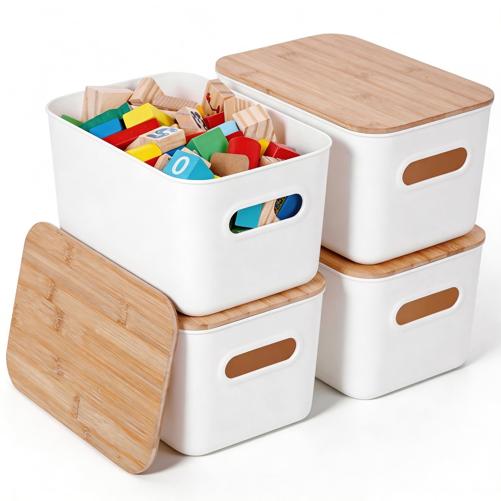 Bamboo Lid Storage Bins 7QT Stackable Organizer Boxes with Handle, 4 Pack