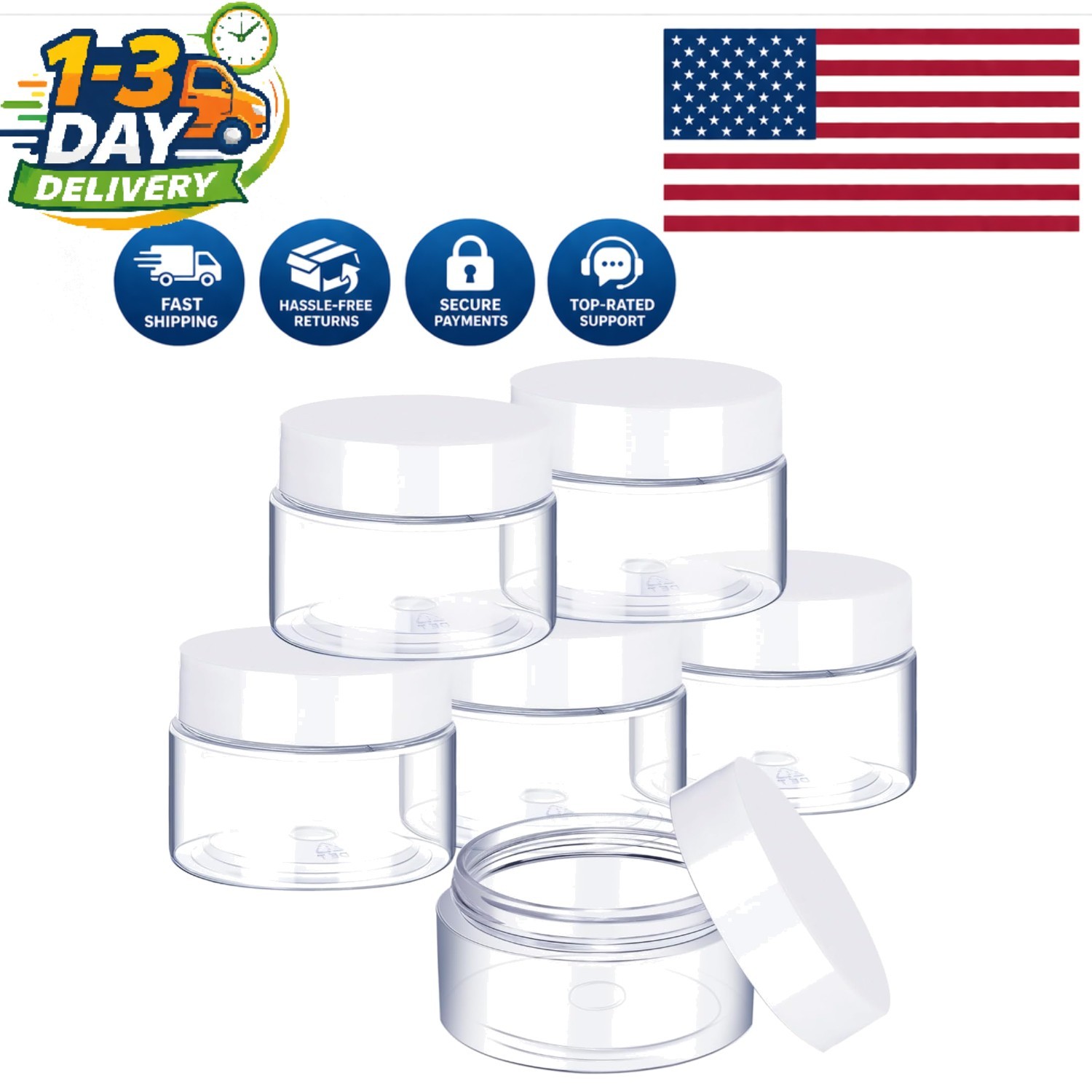 Round 2 oz Plastic Jars – 6 Pack Clear Leak-Proof Containers for Makeup & Crafts