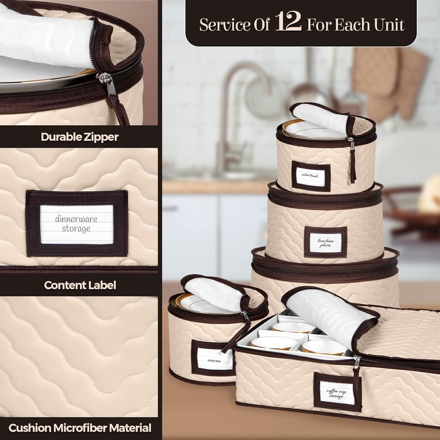 5-Piece Quilted Microfiber China Storage Containers for Safe Dinnerware Storage