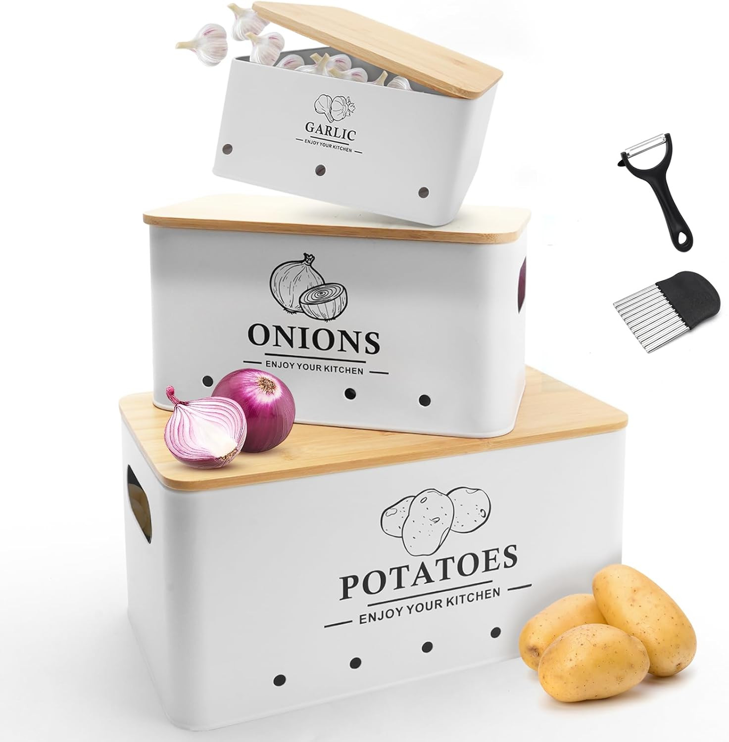 Kitchen Vegetable Storage Set of 3, Metal Onion Garlic Potato Storage Set, Kitch