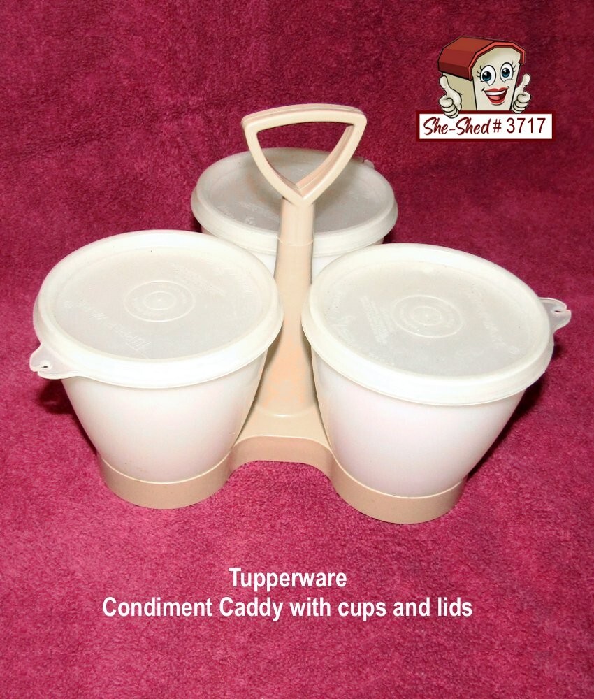 Tupperware Condiment Caddy Set 757 3 Cups 758 & Lids 733 Vintage VGC