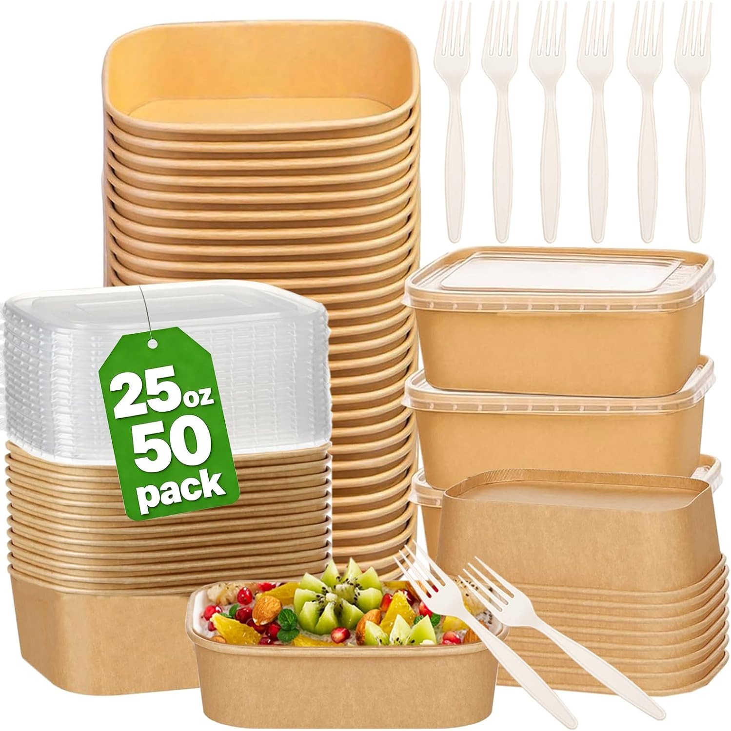 50 Pack 25Oz Disposable Meal Prep Containers With Lids and Forks-Disposable
