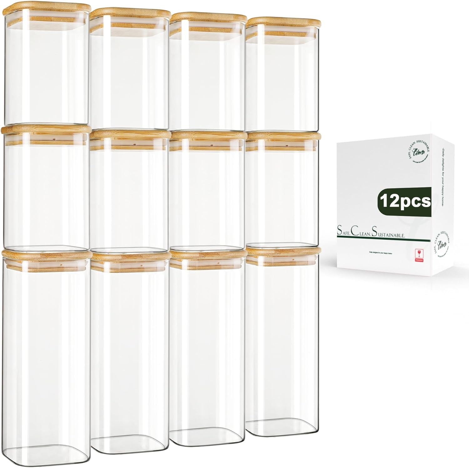 12-Pack Square Glass Storage Jars with Bamboo Lids (0.6Qt/1