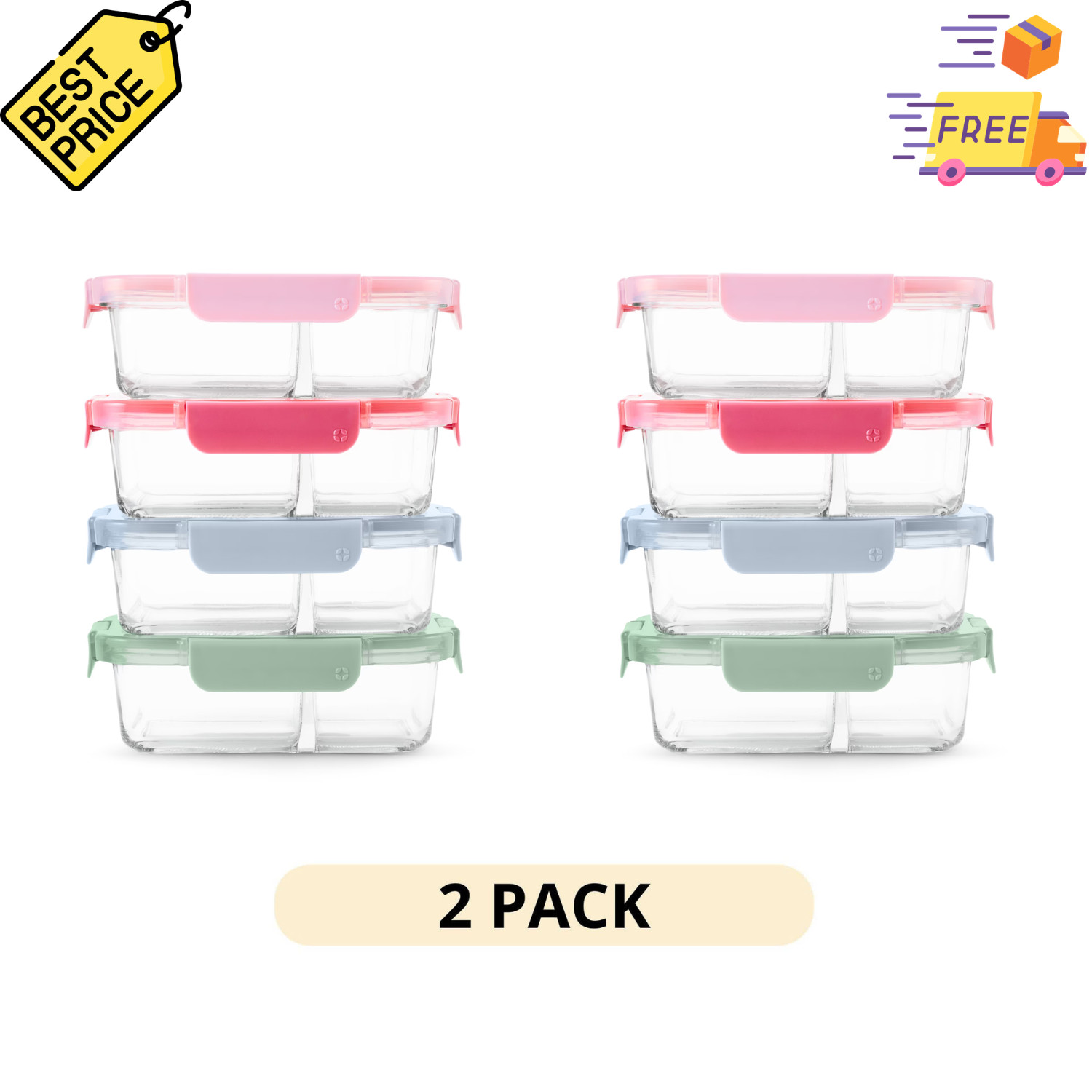 (2Pack) Ello Color Lock Glass Meal Prep Set 8Pc 3.4Cup Divided Food Storage Set