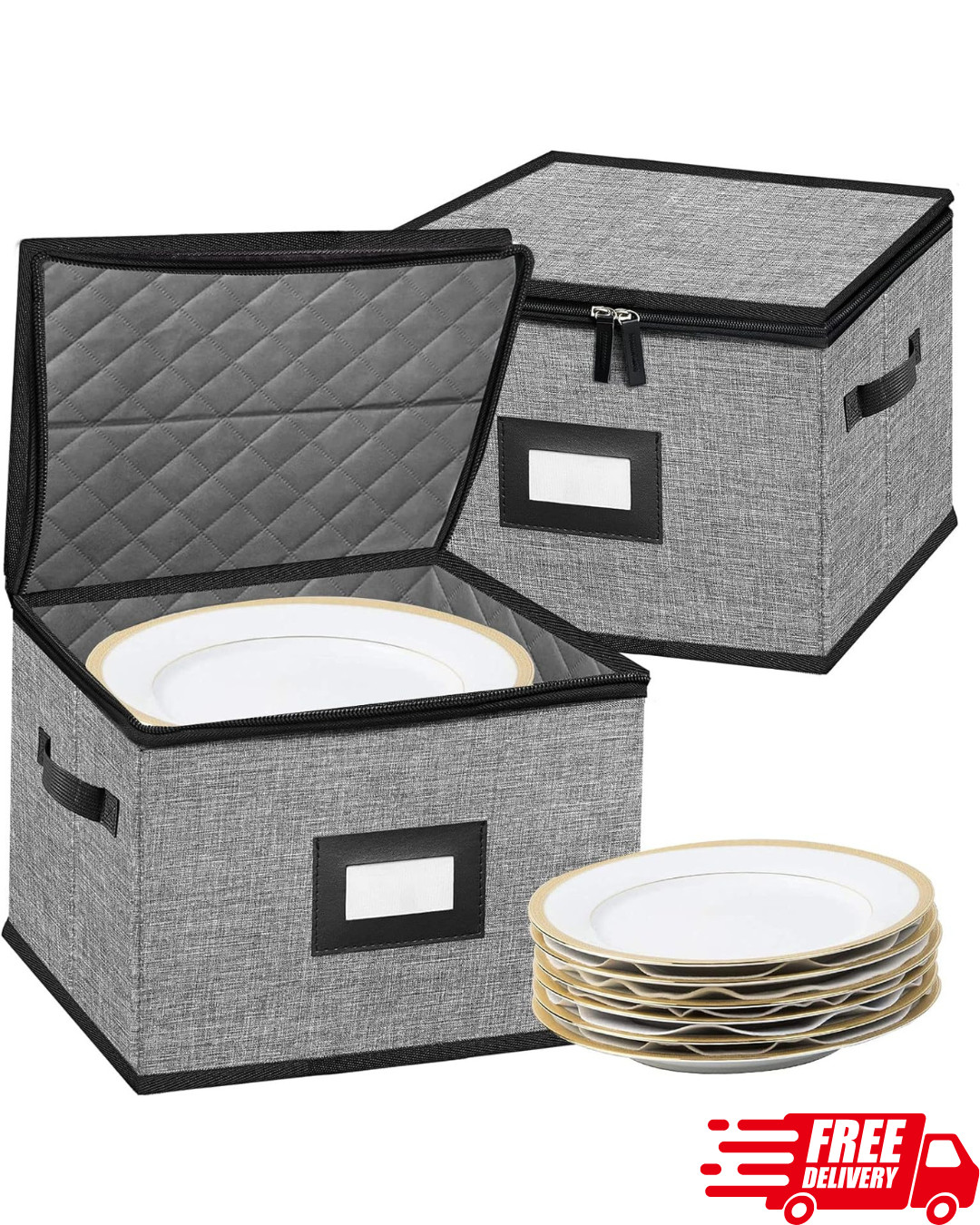 2 Pcs Storage Containers-Quilted Dish Storage Containers with Lid Dark Grey