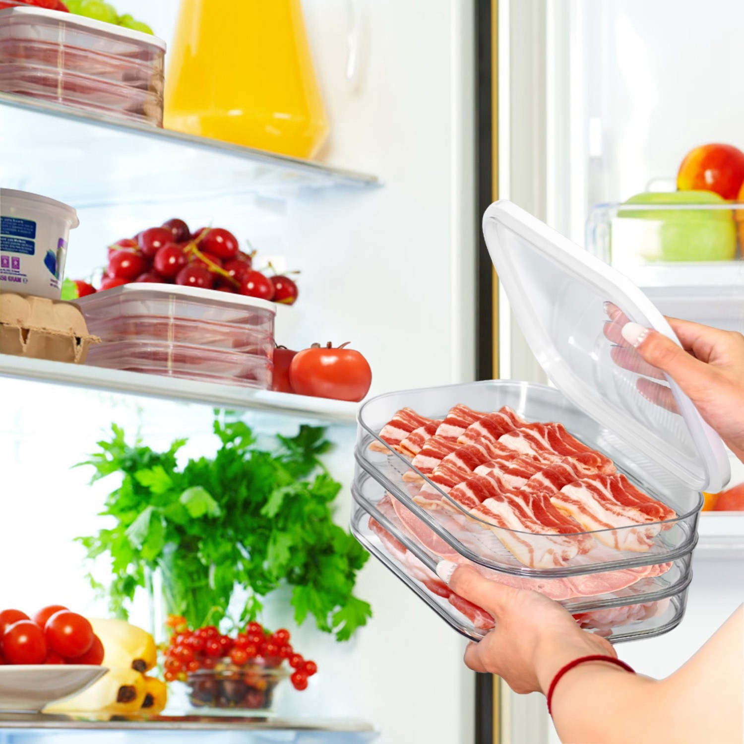 2pcs 3-Tier Meat Container Stackable Food Storage Boxes with Lid for Fridge