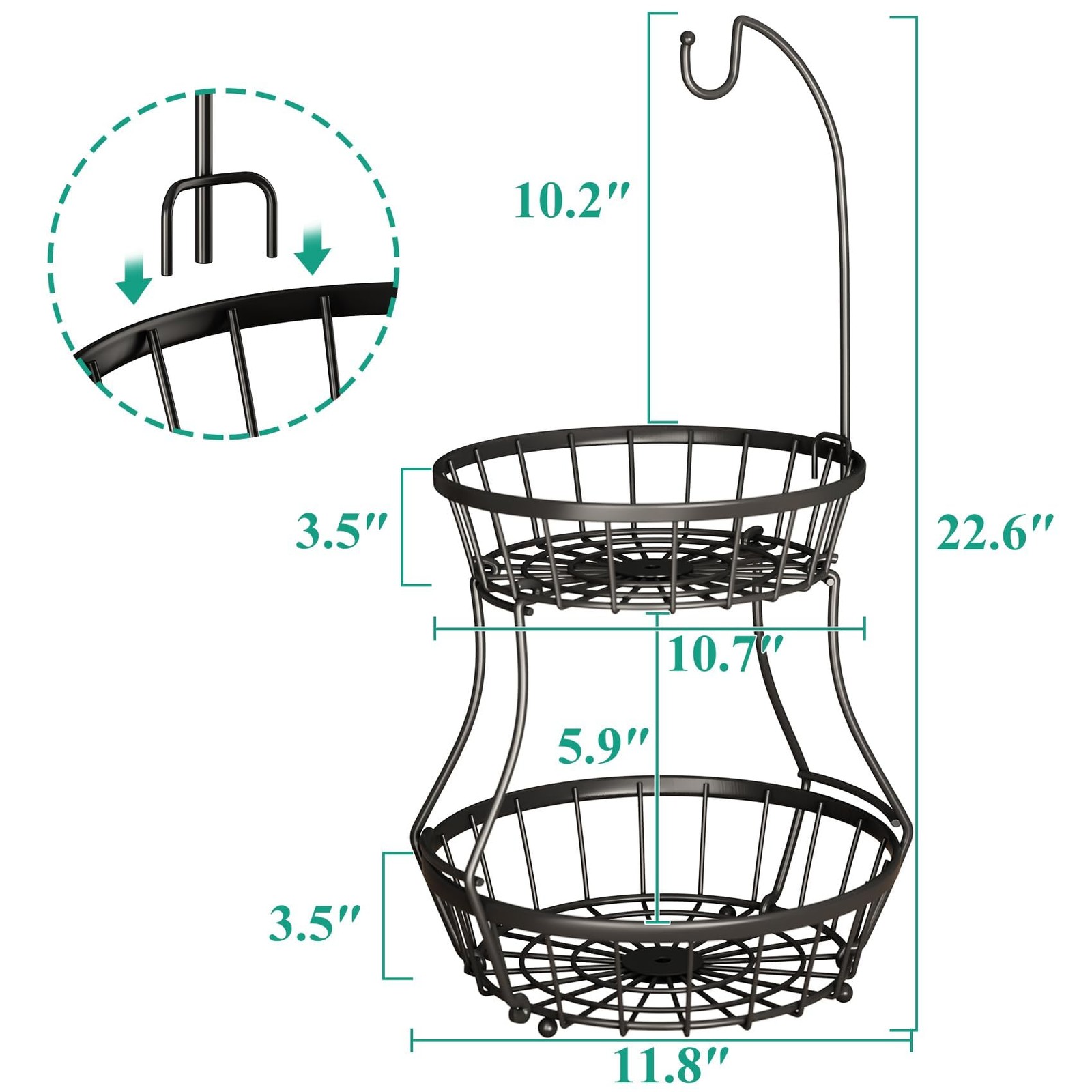 SAYZH 2-Tier Fruit Basket Bowl Stackable 2 Tiers (10.7”+11.8”）, Black