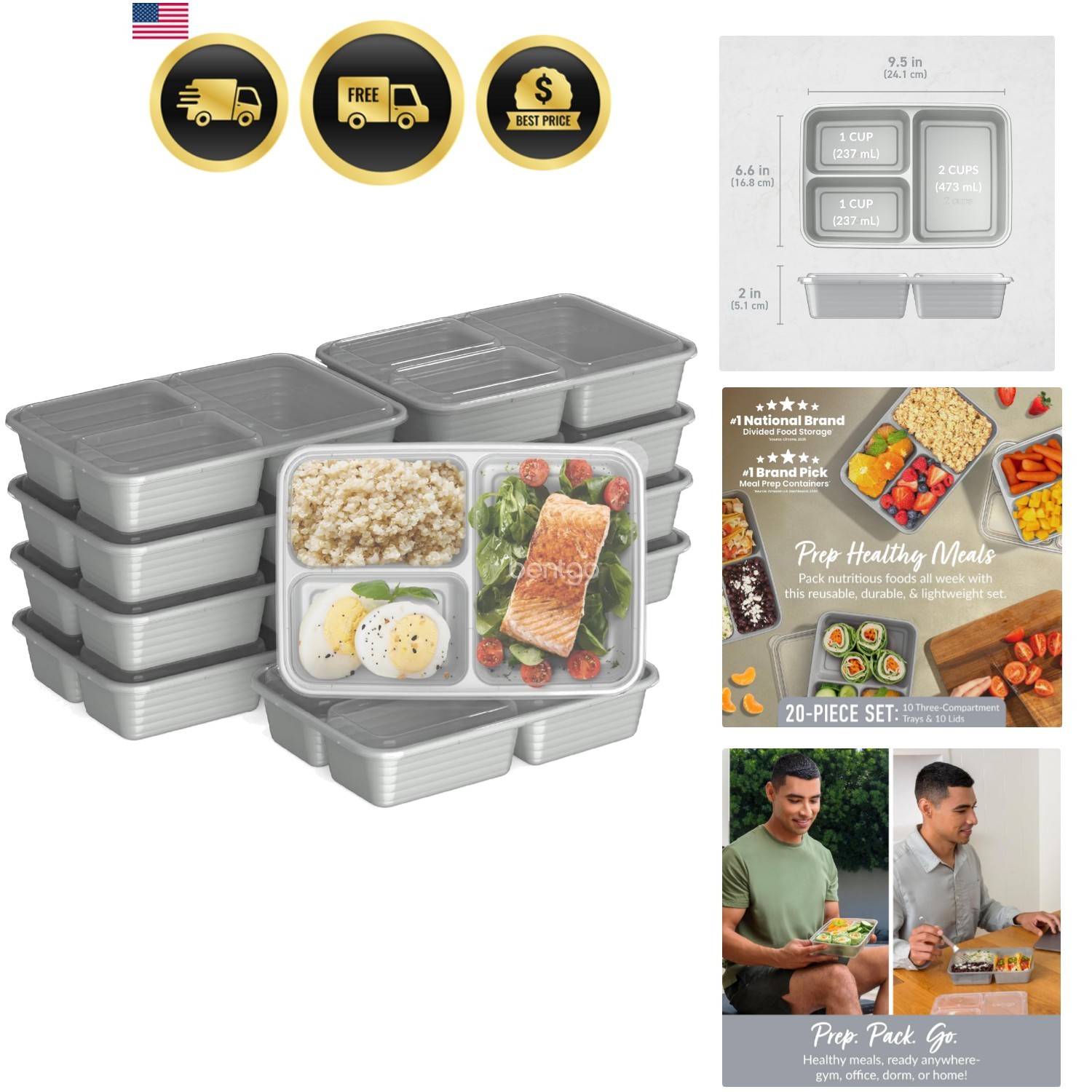 Prep – 20-Piece 3-Compartment Reusable Meal Prep Containers with Lids, PFAS &…