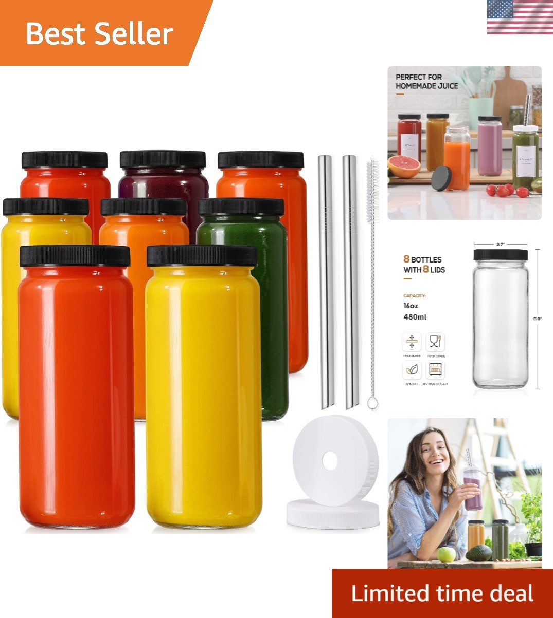8 Pack Stylish 16oz Glass Juice Bottles with Airtight Lids & Straws – Travel …