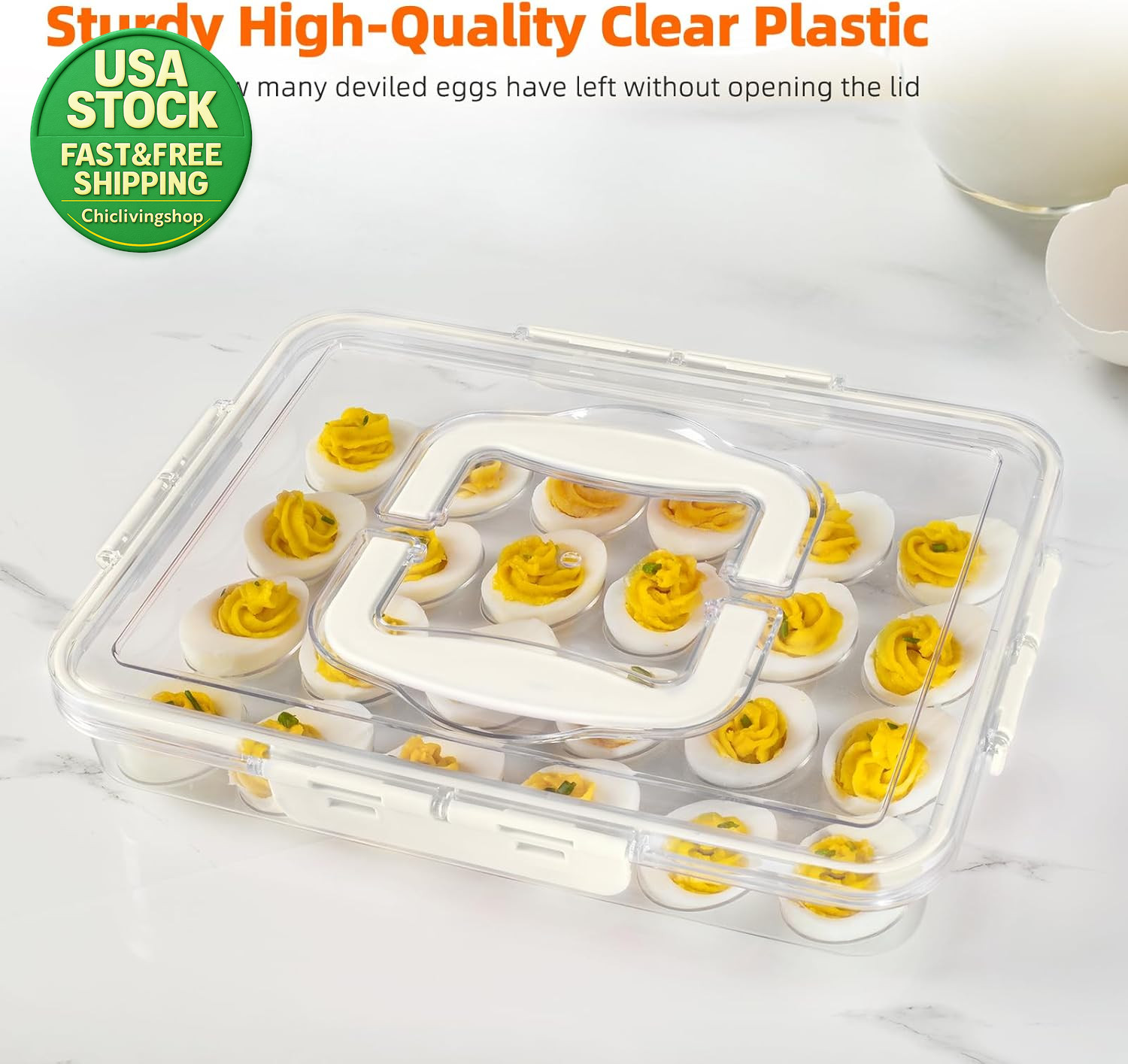 2 Pack Deviled Egg Carrier Tray with Lid Handle Clear Storage Holds 48 Eggs