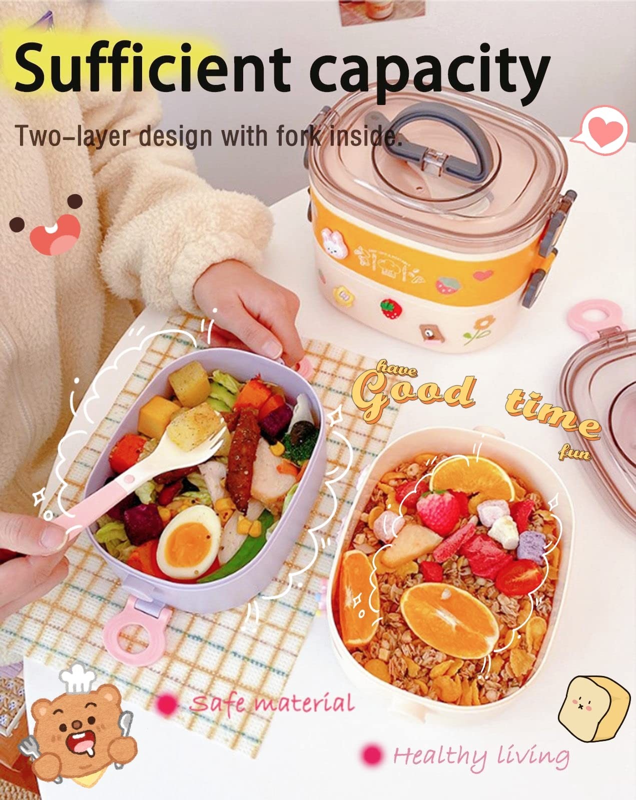Paidideng Kawaii 2-Layer Bento Lunch Box w/ Bag, Tableware – 1200ml Leak-Proof