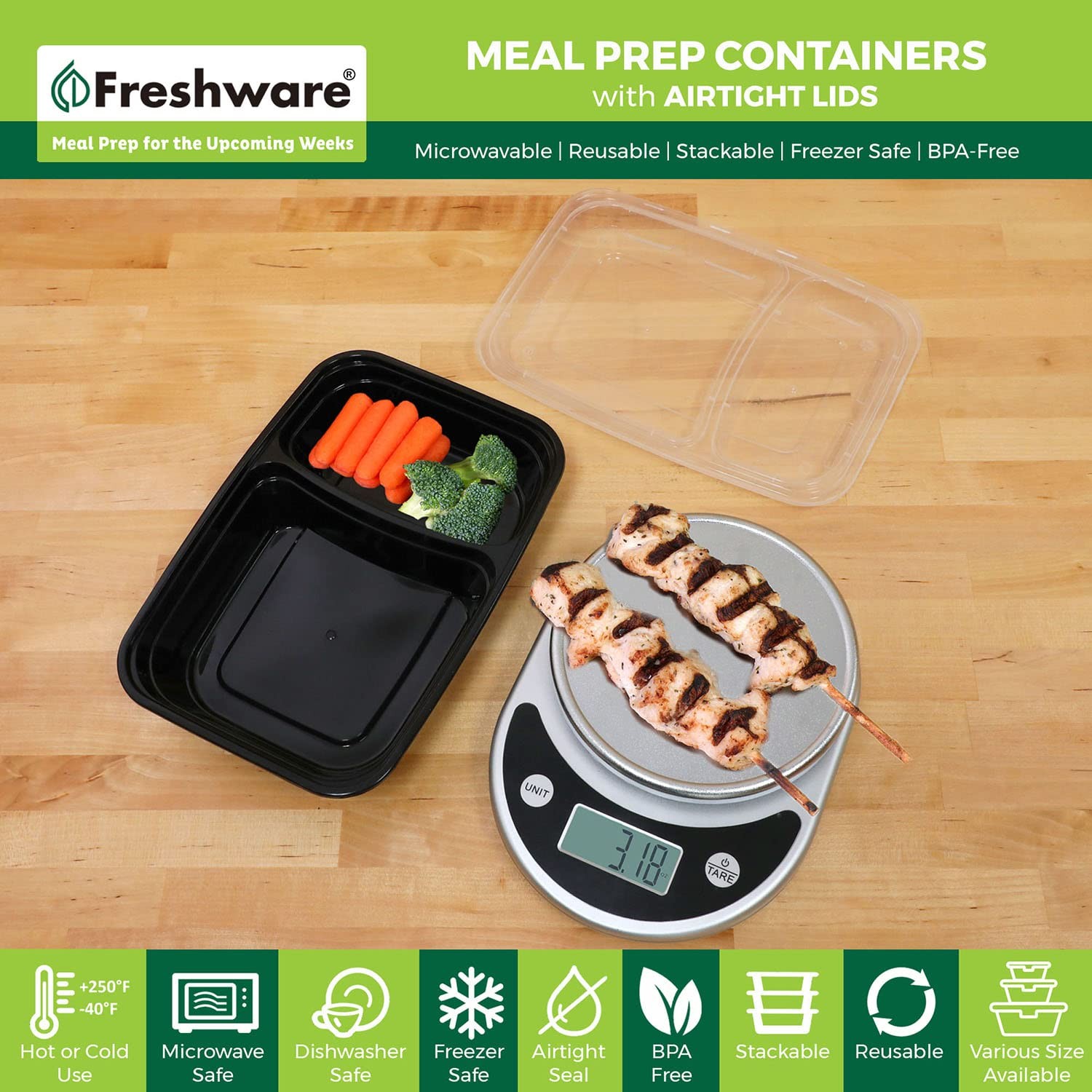 Freshware Meal Prep Containers [15 Pack] 2 Compartment One Size, 28OZ_15PK