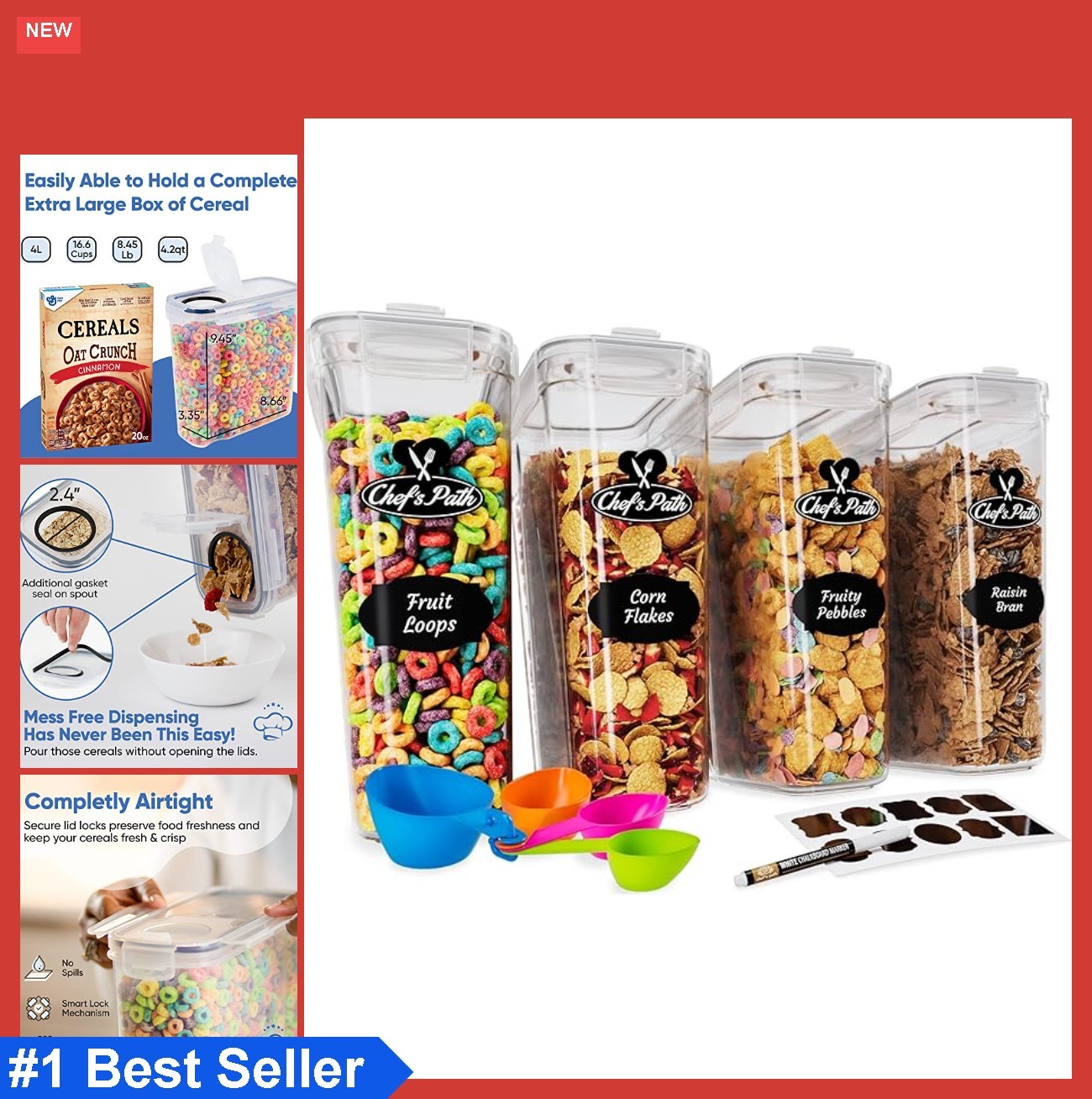 Cereal Containers Storage Set 4 Pack Airtight 4L BPA Free Dispenser with Pour