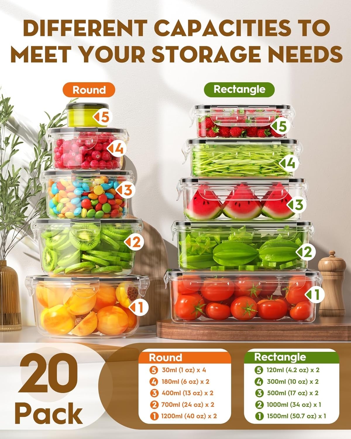 40 PCS Food Storage Containers with Lids Airtight 20 Containers & 20 Lids, Le…