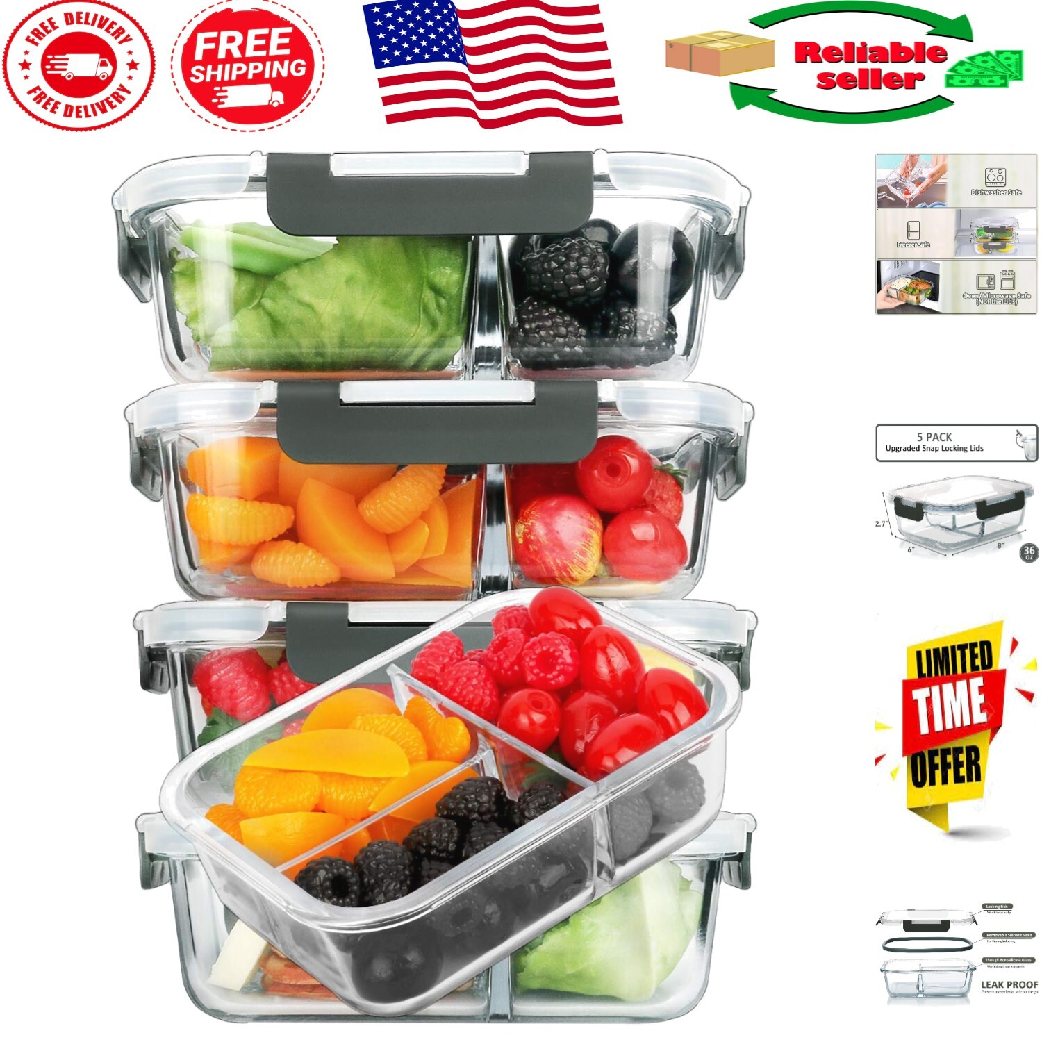 Microwave Safe 5-Pack Glass Meal Prep Containers – Portion Control Design