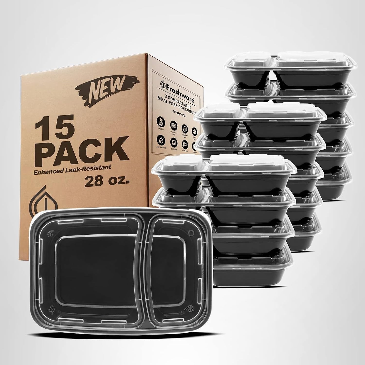 Meal Prep Containers with Lids 28 oz [15 Pack] 2-Compartment Food Storage Con…
