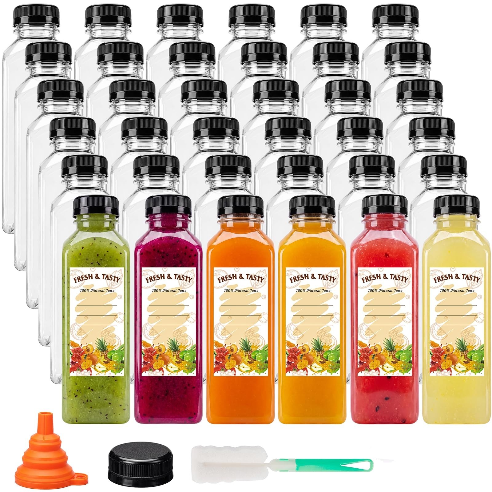 36pcs 16oz Clear Plastic Juice Bottles with Caps – Reusable Beverage Containers