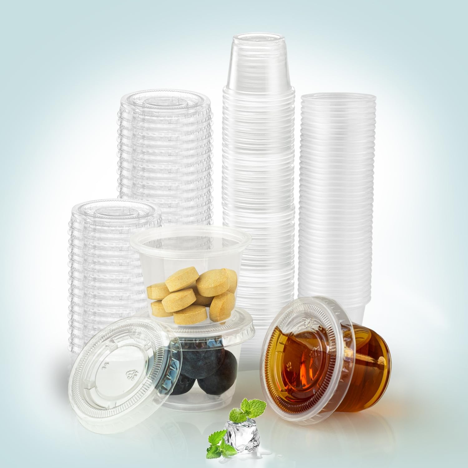 120 Sets – Small Plastic 1oz Condiment Cups with Lids, Portion for Clear
