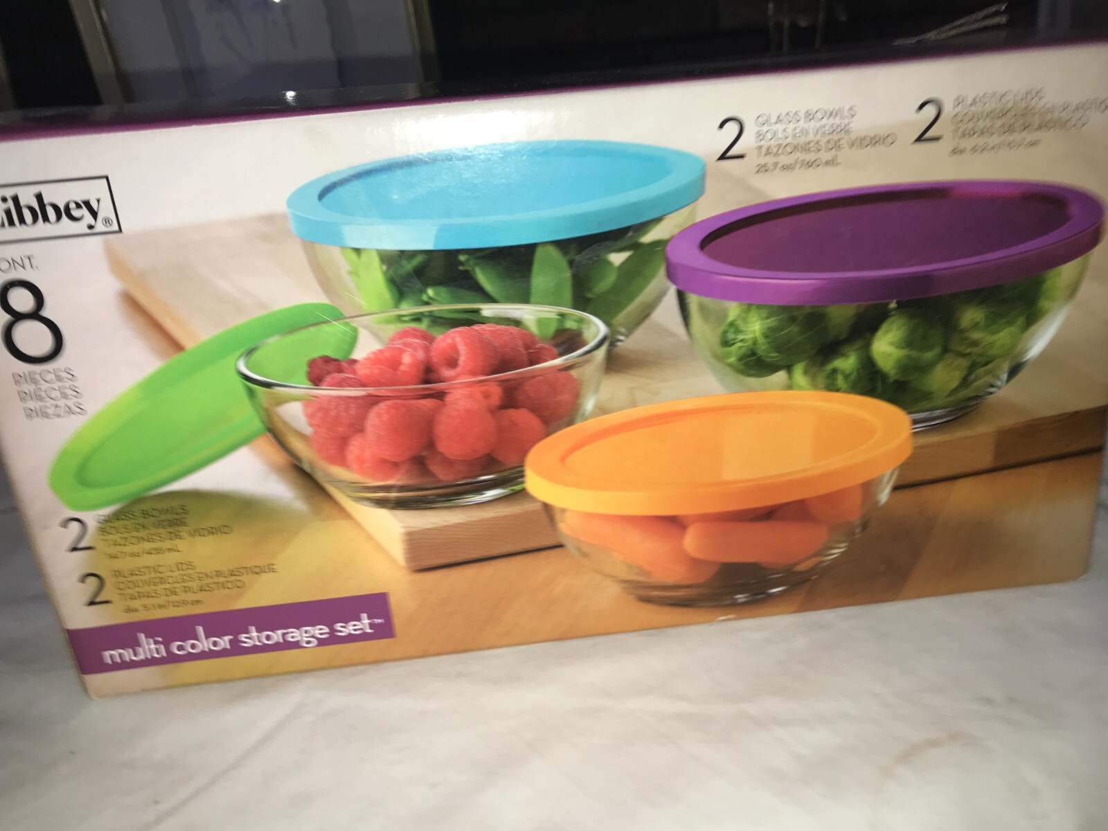 NOS htf LIBBEY Glass 8-Piece SET Food STORAGE Container BOWLS with Plastic LIDS