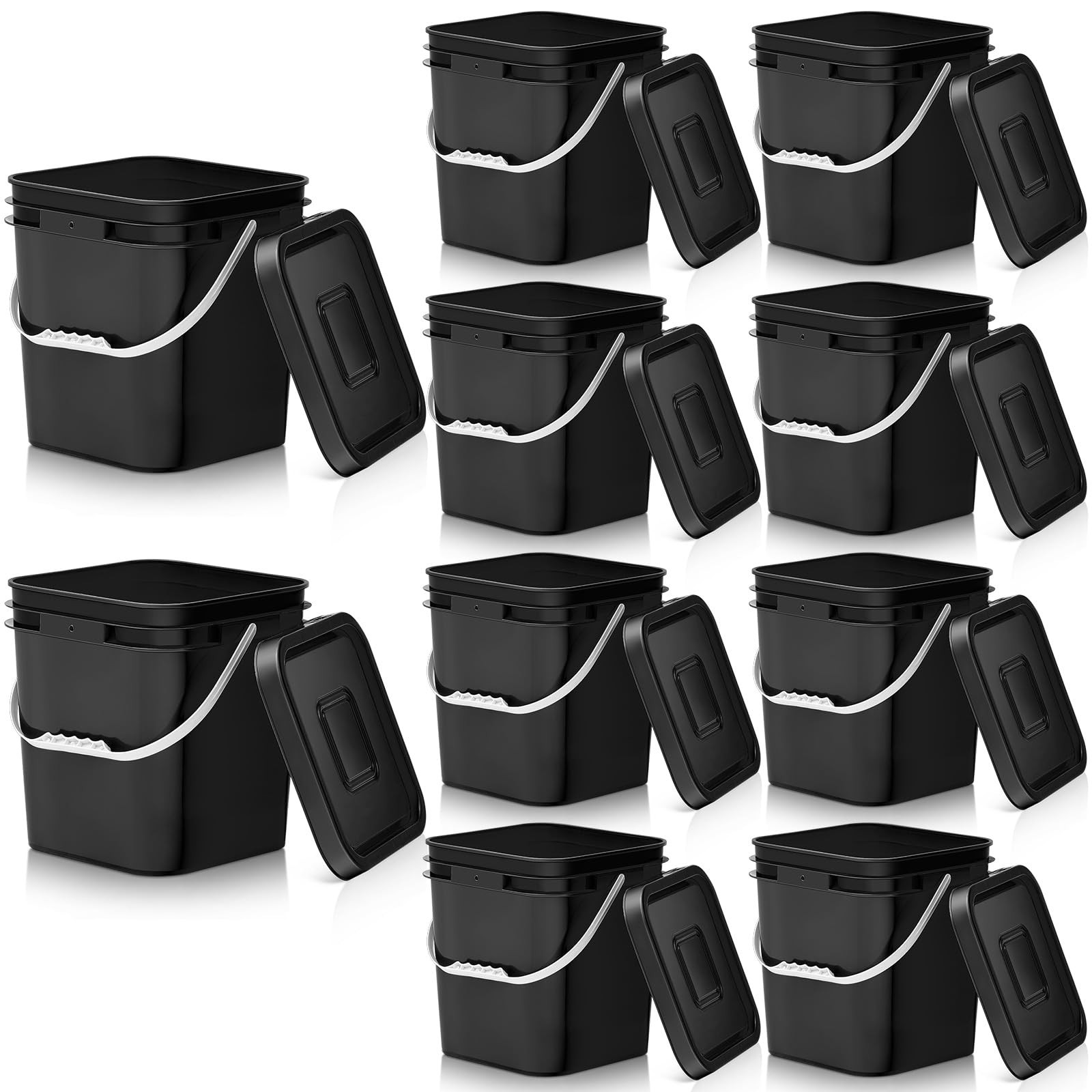 10 PCS 3.5 Gallon Black Square Food Grade Plastic Bucket with Handle and Lid