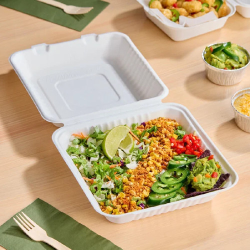 Compostable Bagasse Clamshell Food Container Takeout Box 9″ x 9″ x 3″