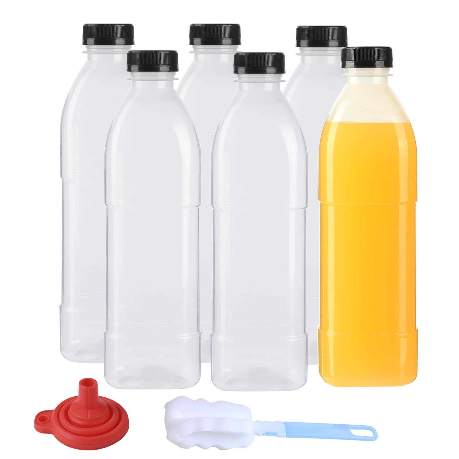 6 Pack 32 oz PP Heat-Resistant Plastic Juice Bottles With Caps-Plastic Smooth…