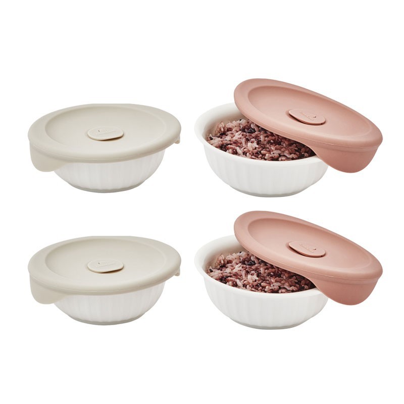 LocknLock Ceramic Rice Bowl with Silicone Lid 355ml 4P Set Microwave Storage