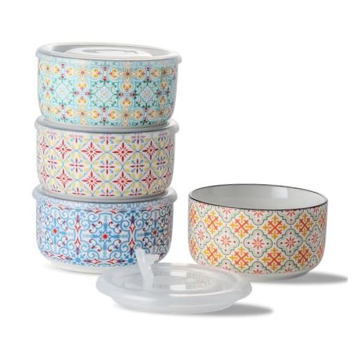 Ceramic Bowls Set with Lid: Microwave Safe Soup Containers Pattern D – 4 pcs