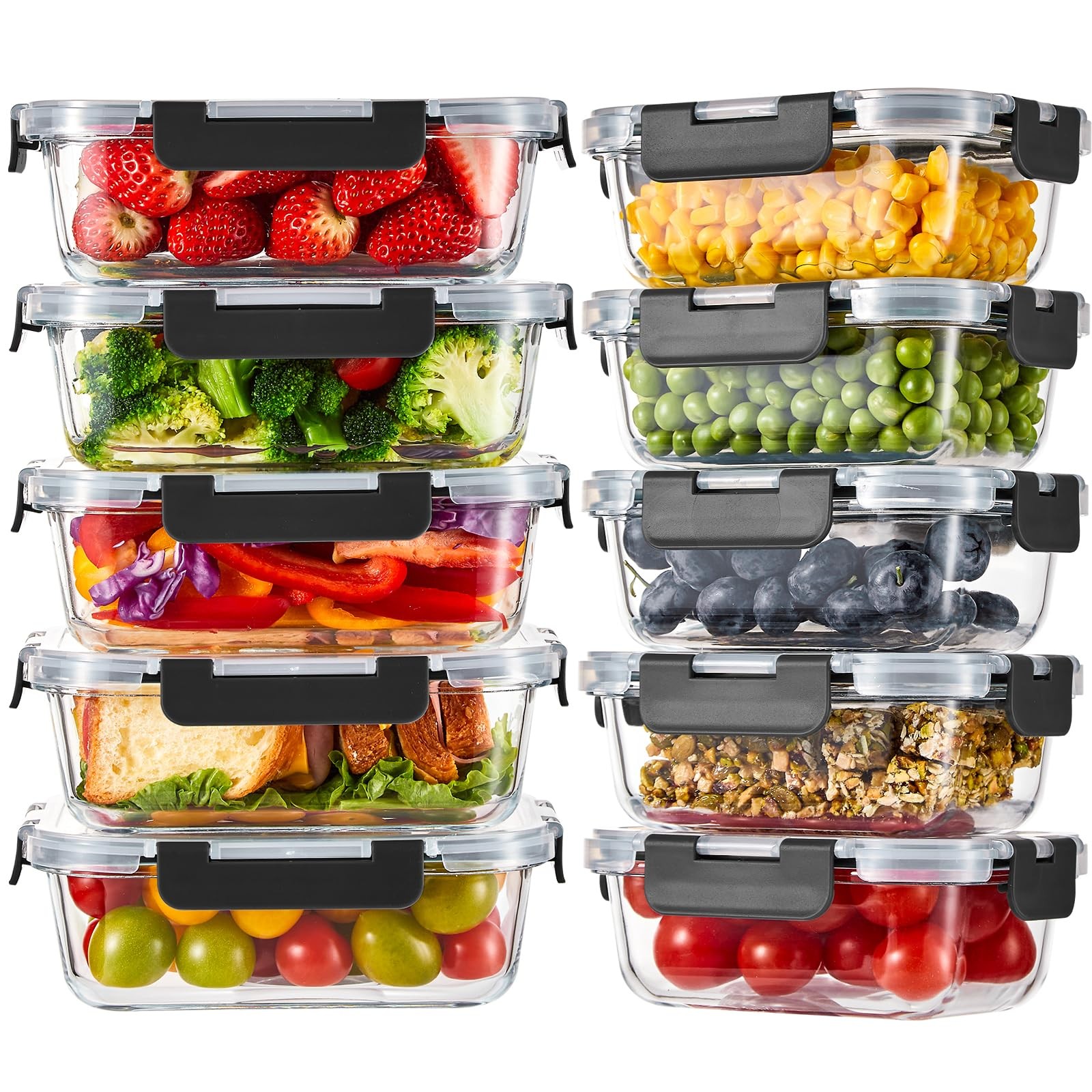 10 Pack Glass Food Storage Containers with Lids, Meal Prep Containers, Airtig…