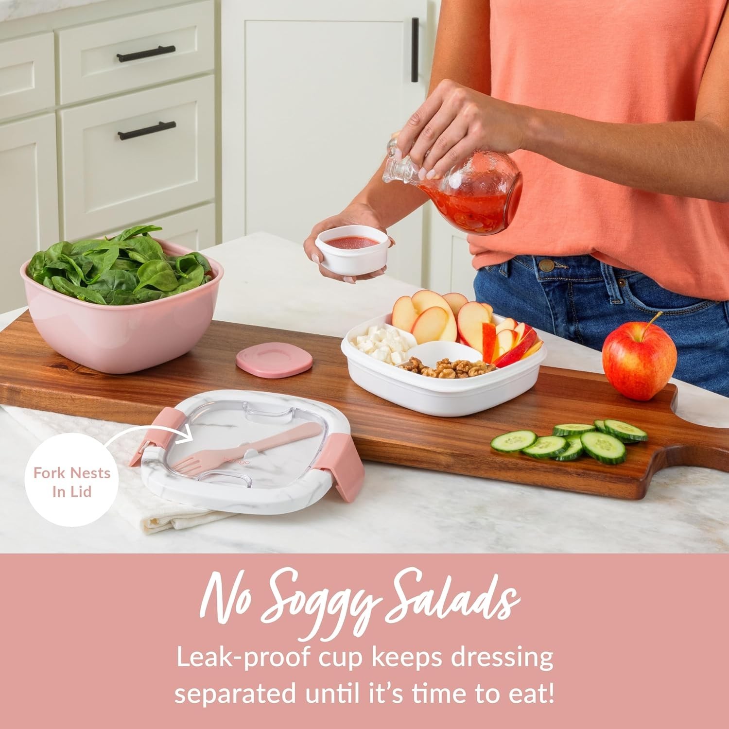 Salad Container with Toppings Tray 54 oz BPA Free Reusable Fork Dressing Dish