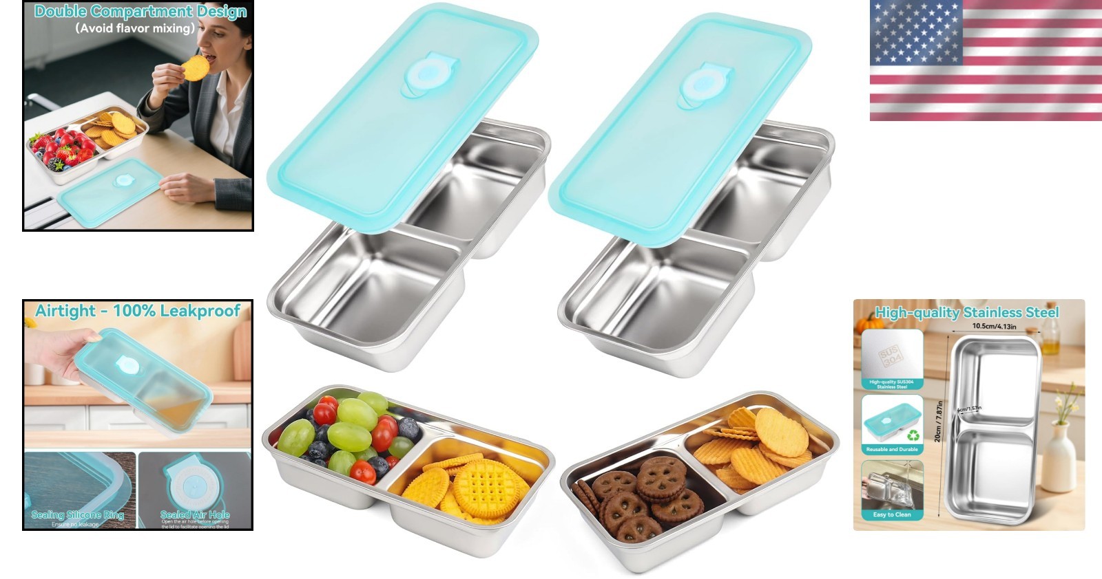 Versatile Double Compartment Snack Storage – 2 Pack Stainless Steel Containers