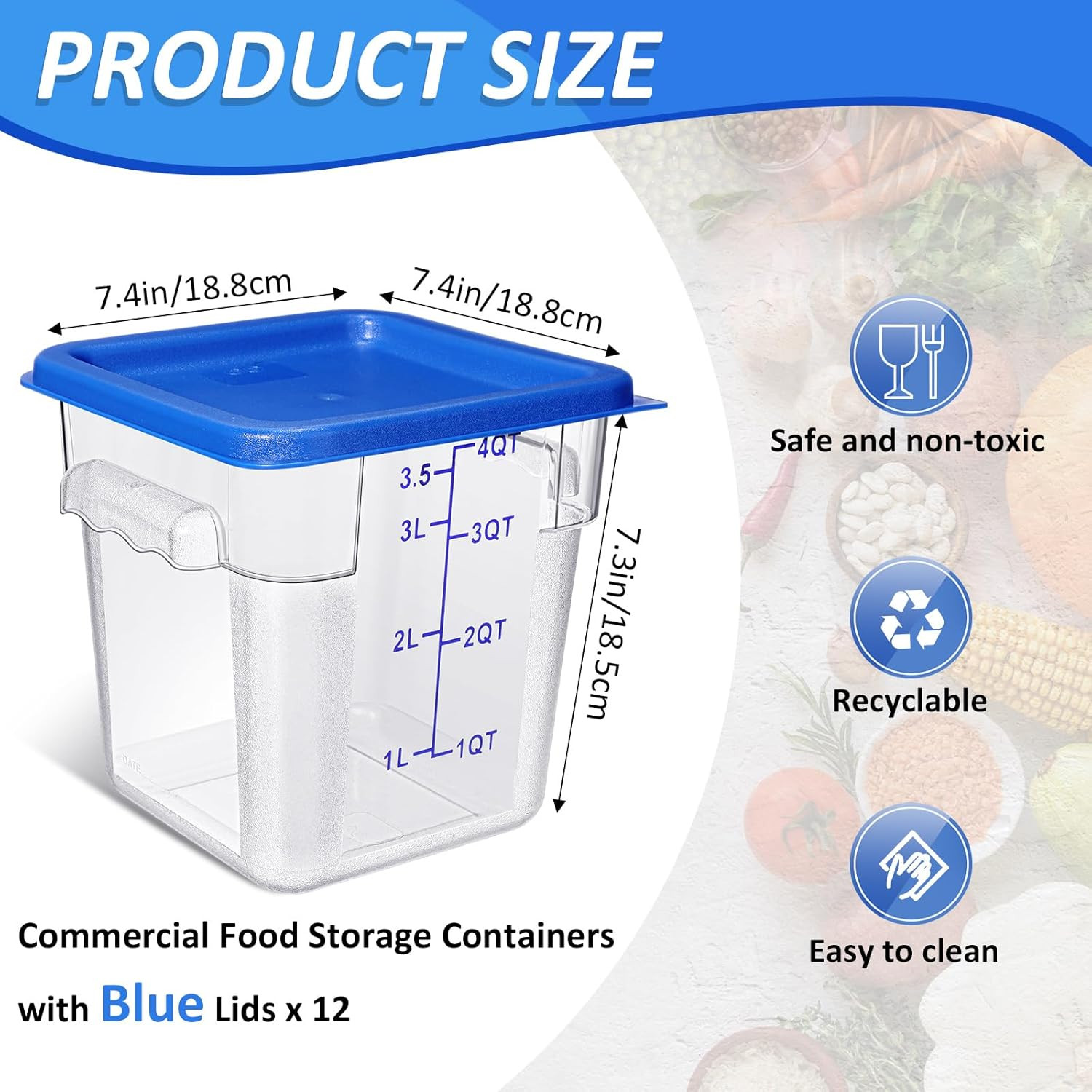 12 Pcs 4 Qt Commercial Food Storage Containers with Lids Restaurant Square Airti
