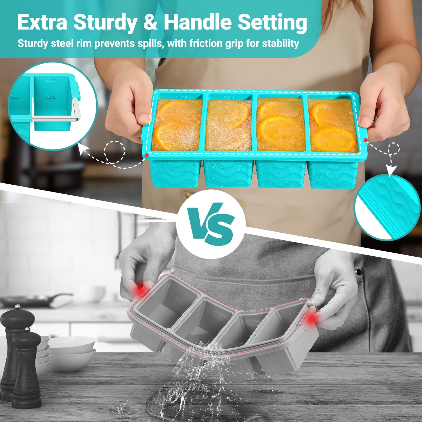 Silicone Soup Freezer Trays, 250ml 125ml Portion Containers, Meal Prep, Blue